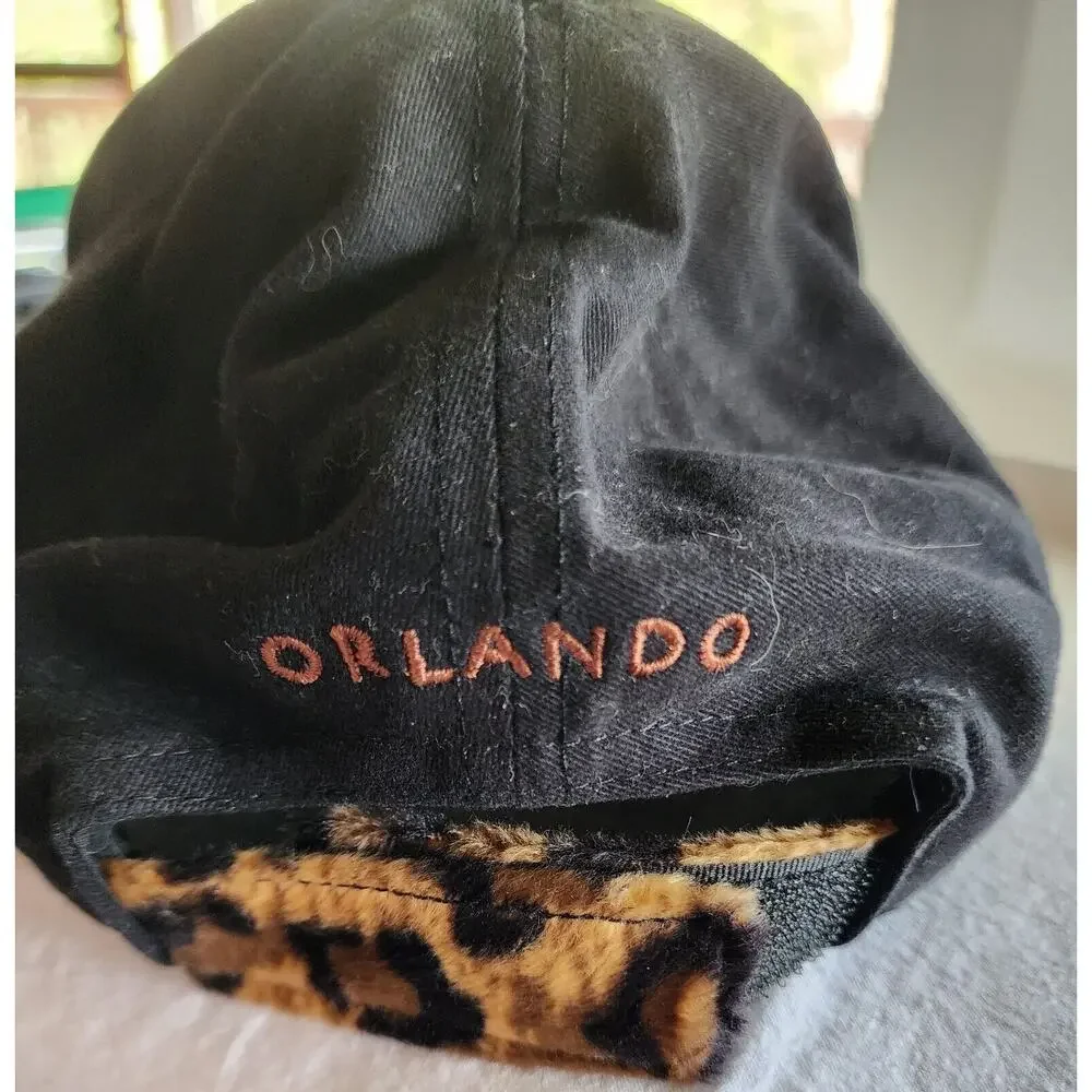 Vintage Rainforest Cafe Orlando Leopard Print Brim Black Baseball Cap Hat
